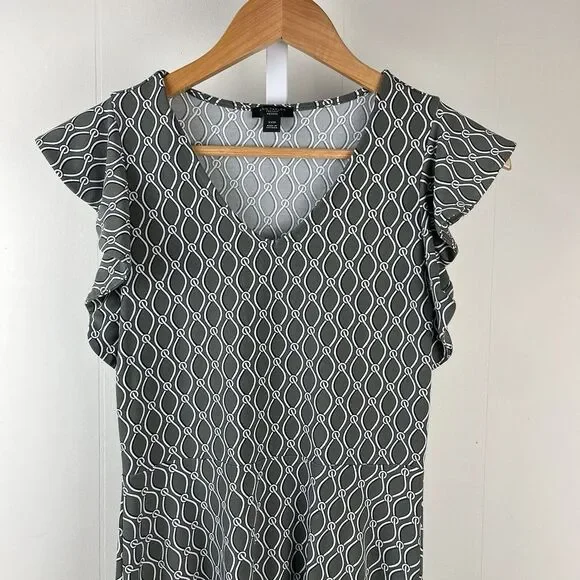 Ann Taylor Factory Petite Dress Gray Chain Link Print Ruffle Sleeve Womens XXSP - Picture 2 of 7